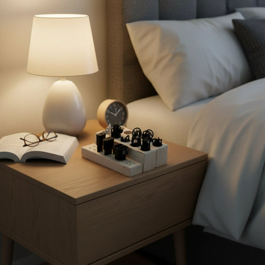 منظم خشبي لتنظيم الشواحن والكابلات – ترتيب راقٍ يحوّل فوضى مكتبك إلى مساحة هادئة ومنظمة